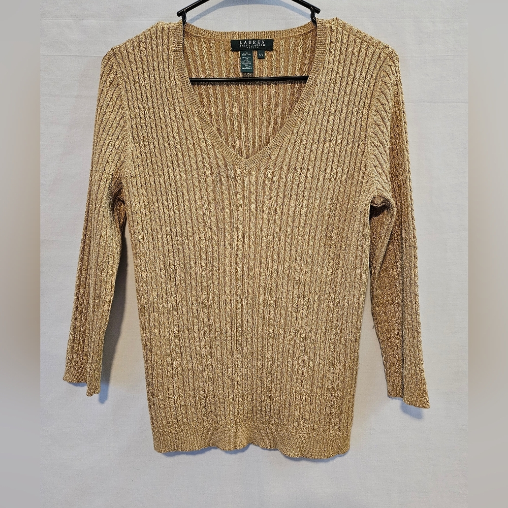 Lauren Ralph Lauren Petite Metallic Gold Cableknit Silk Blend Sweater